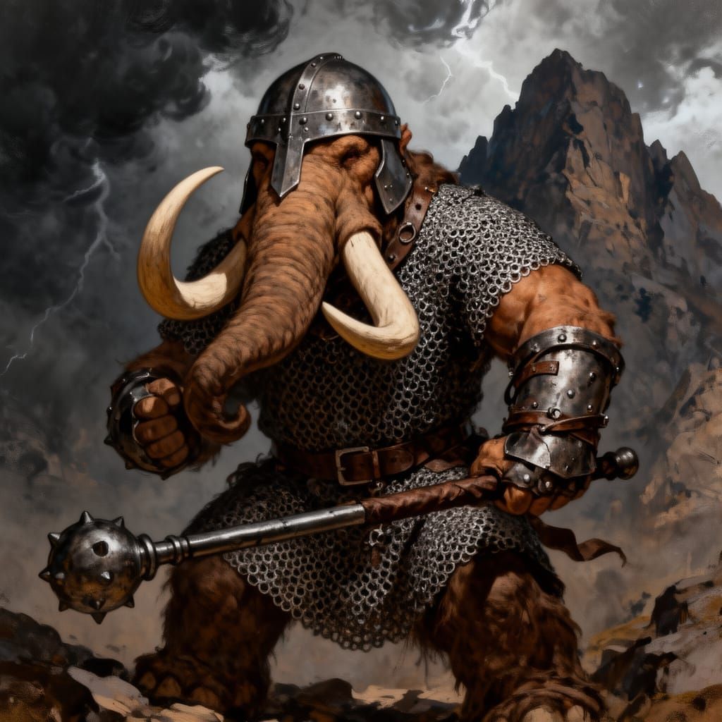 Mammoth Warrior in Chain Mail with Mace and Helmet