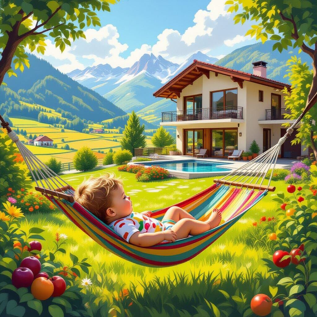 Baby in Hammock in Lush Yard, Photorealistic Digital Art