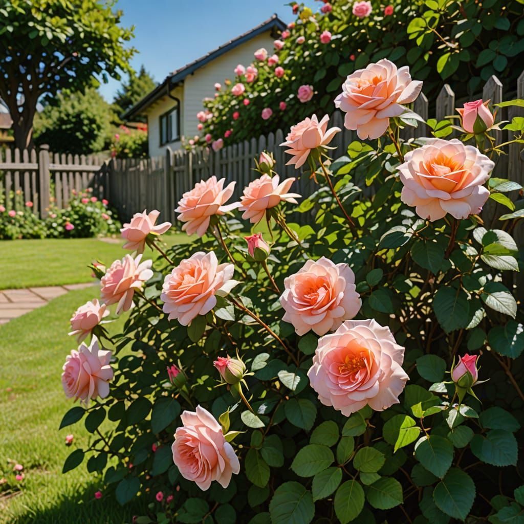 Blooming Rose Bush in Vibrant Sunshine