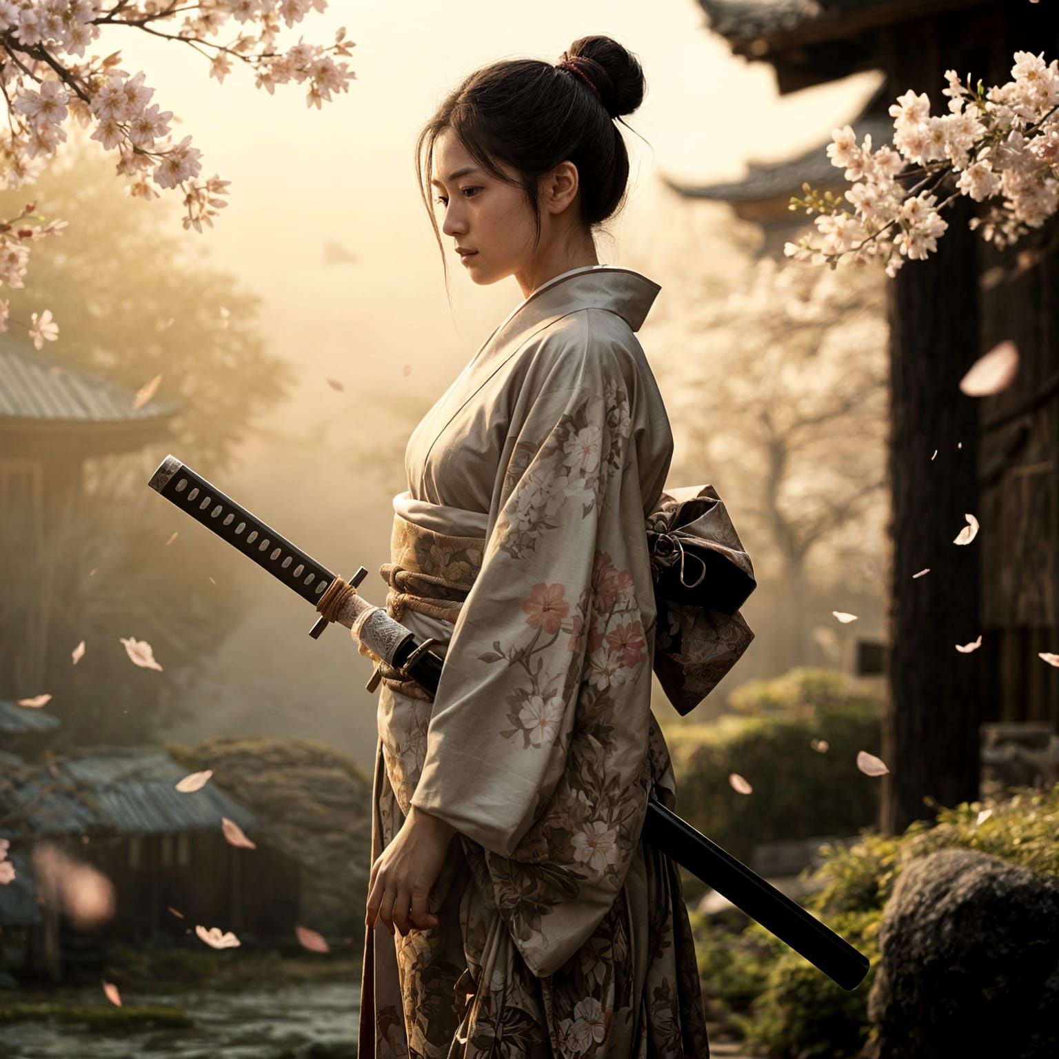 Serene Samurai Woman with Hidden Katana in Cherry Blossom Sc...