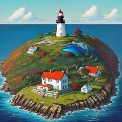 Lighthouse and Cottages Illustration in Art Brut Style