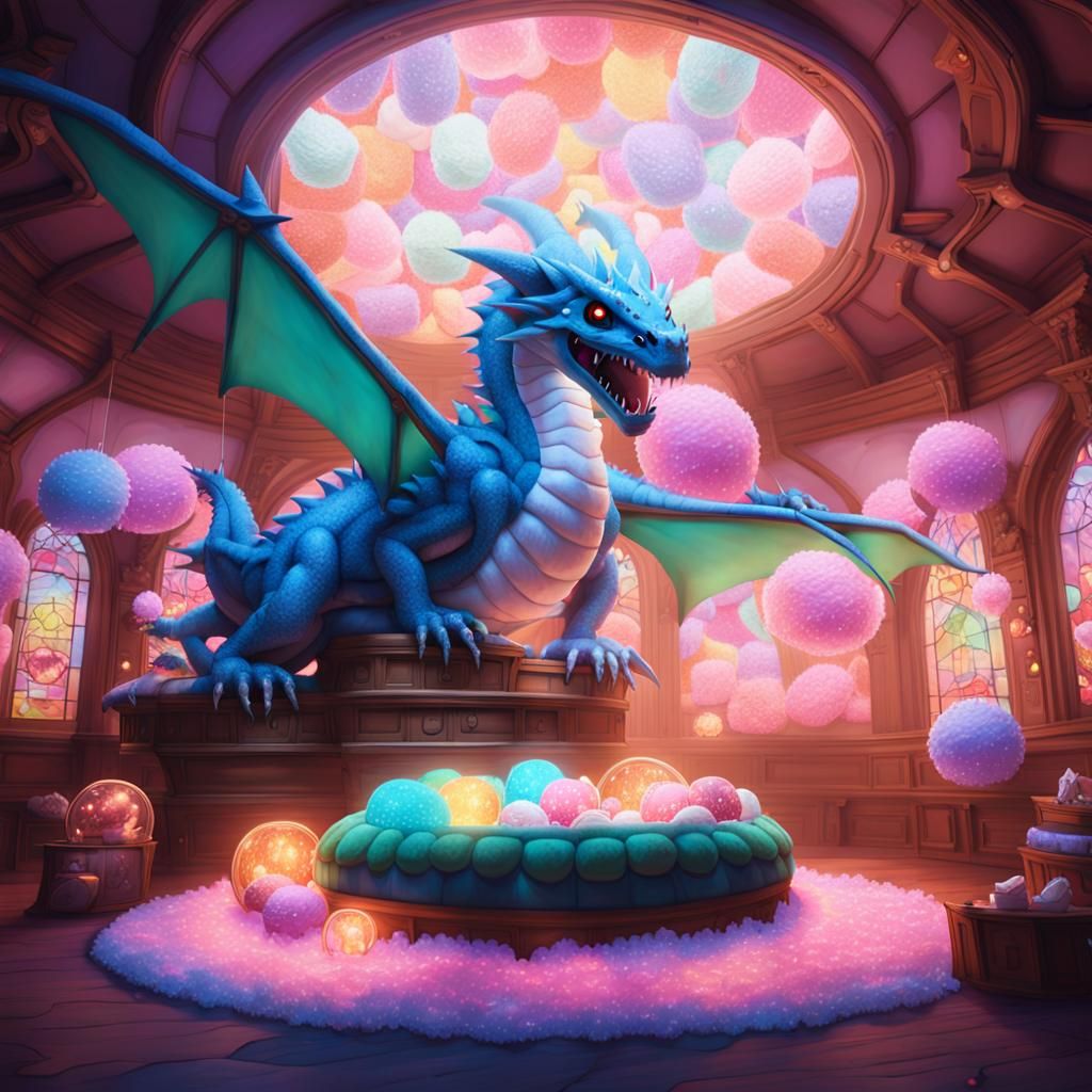 Dragon in Futuristic Candy Room, Ghibli-Inspired Digital Art
