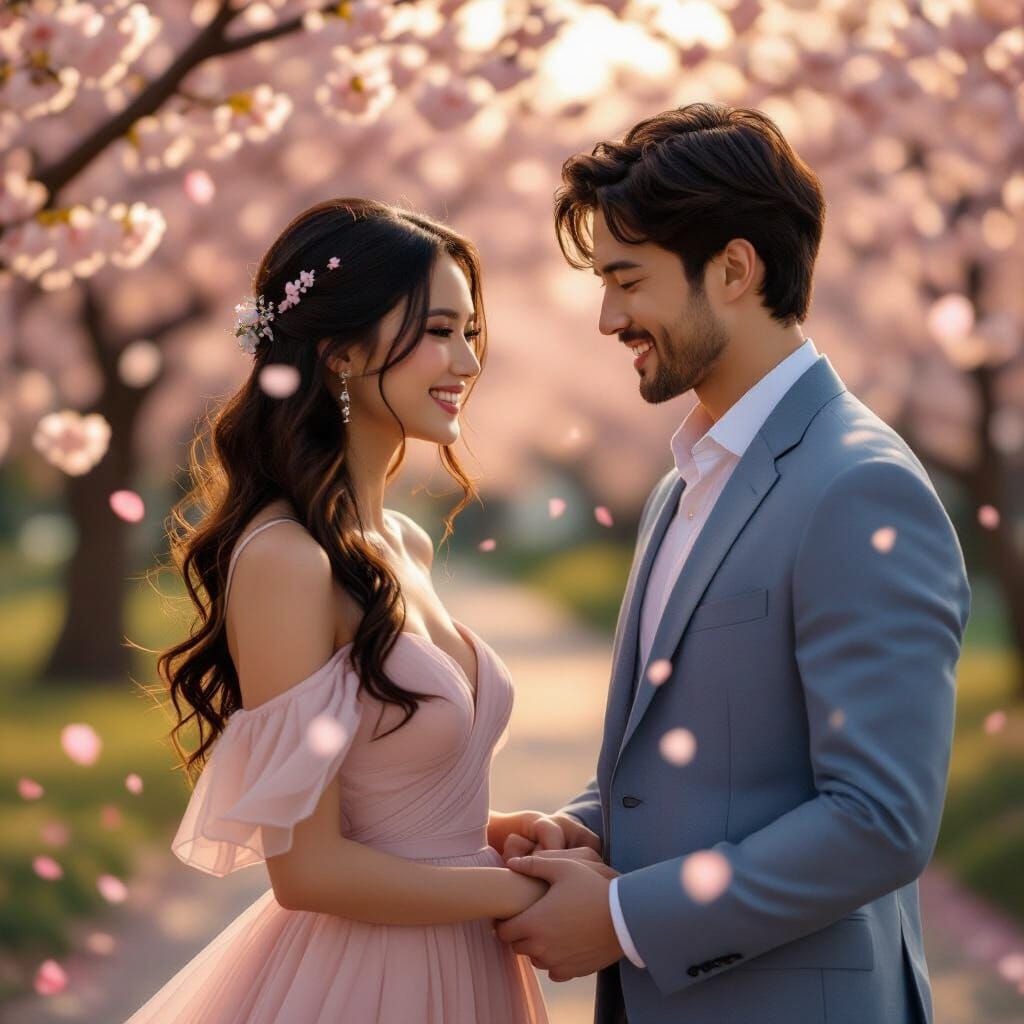 Romantic Couple in Cherry Blossom Park, Art Nouveau Style