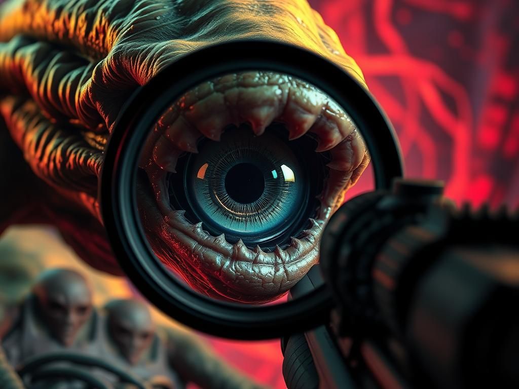 Menacing Alien Eye Through Futuristic Sniper Scope in 8K