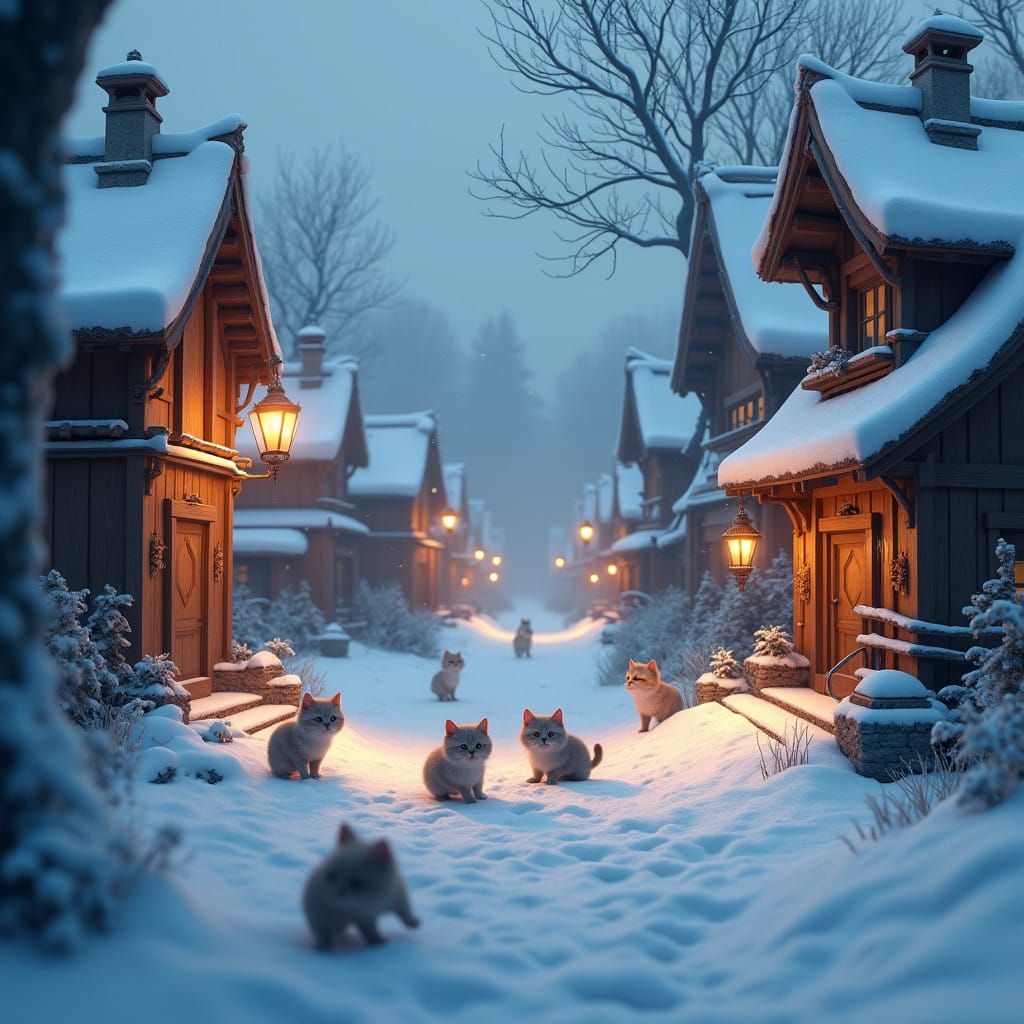 Kittens in Whimsical Snowy Village with Glowing Lanterns