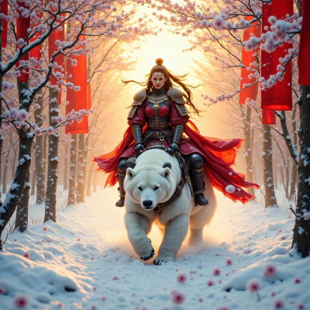 Samurai Warrior on Polar Bear Through Snowy Forest