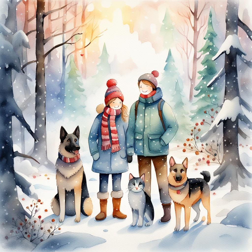 Whimsical Watercolor: Snowman Family in Winter Forest