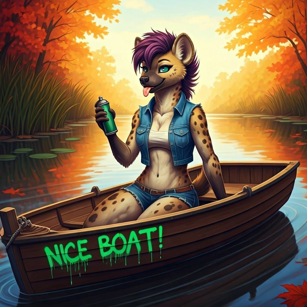 Anthropomorphic Hyena in Boat, Impasto Acrylic Painting