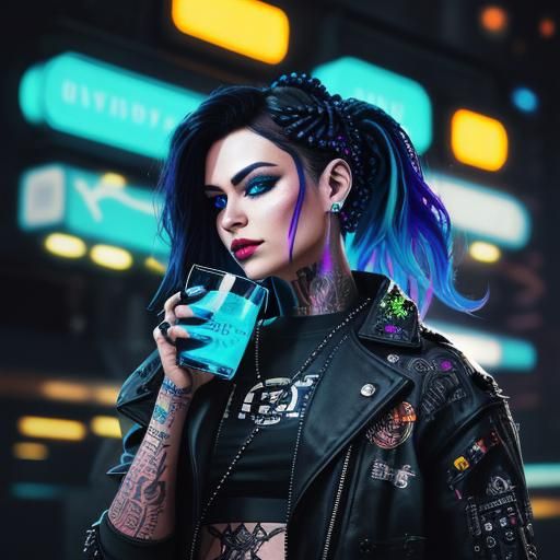 "Female beautiful diva, vodka, close-up portrait, 80*s Punk ...