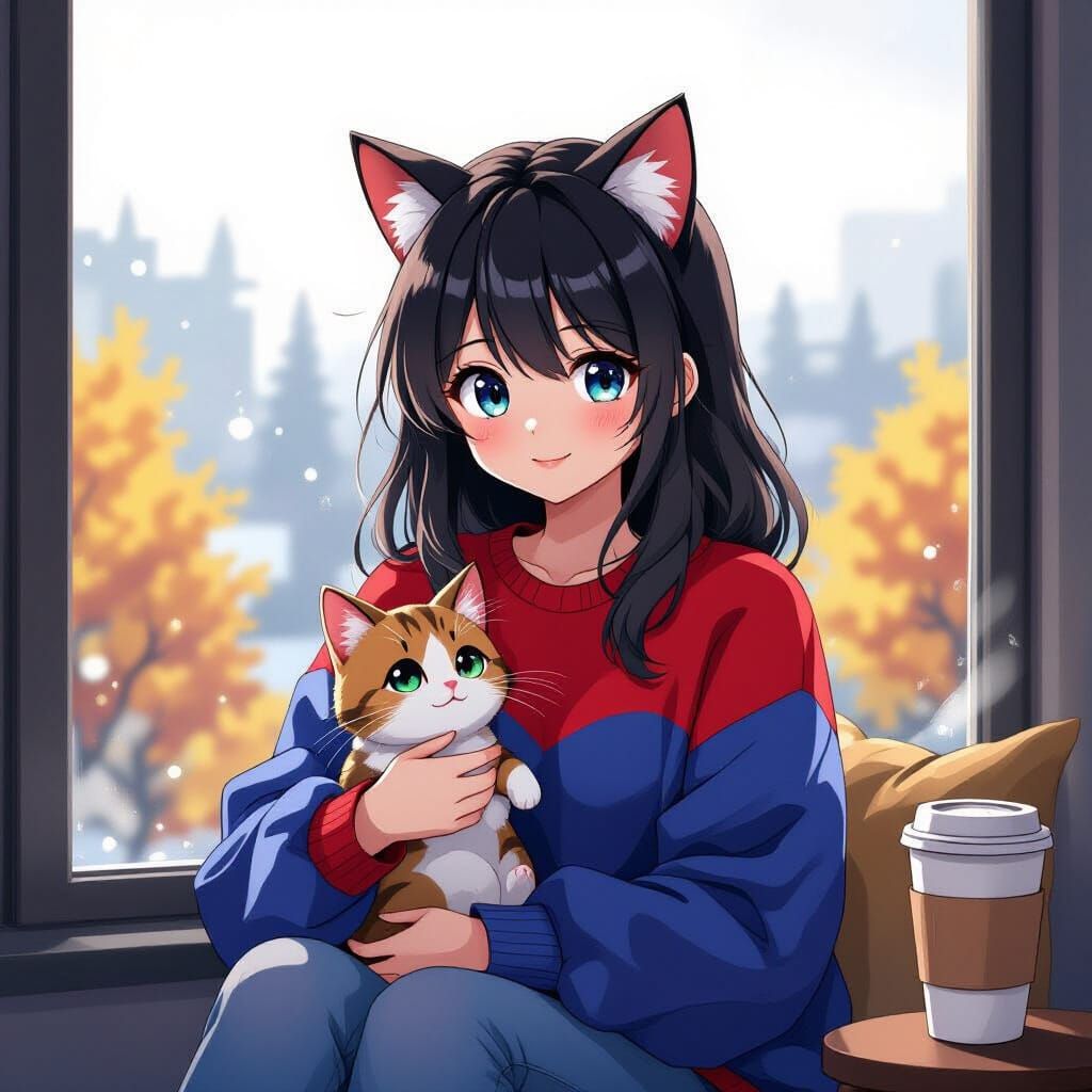 Anime Girl with Cat Ears & Cat Pet by Foggy Window