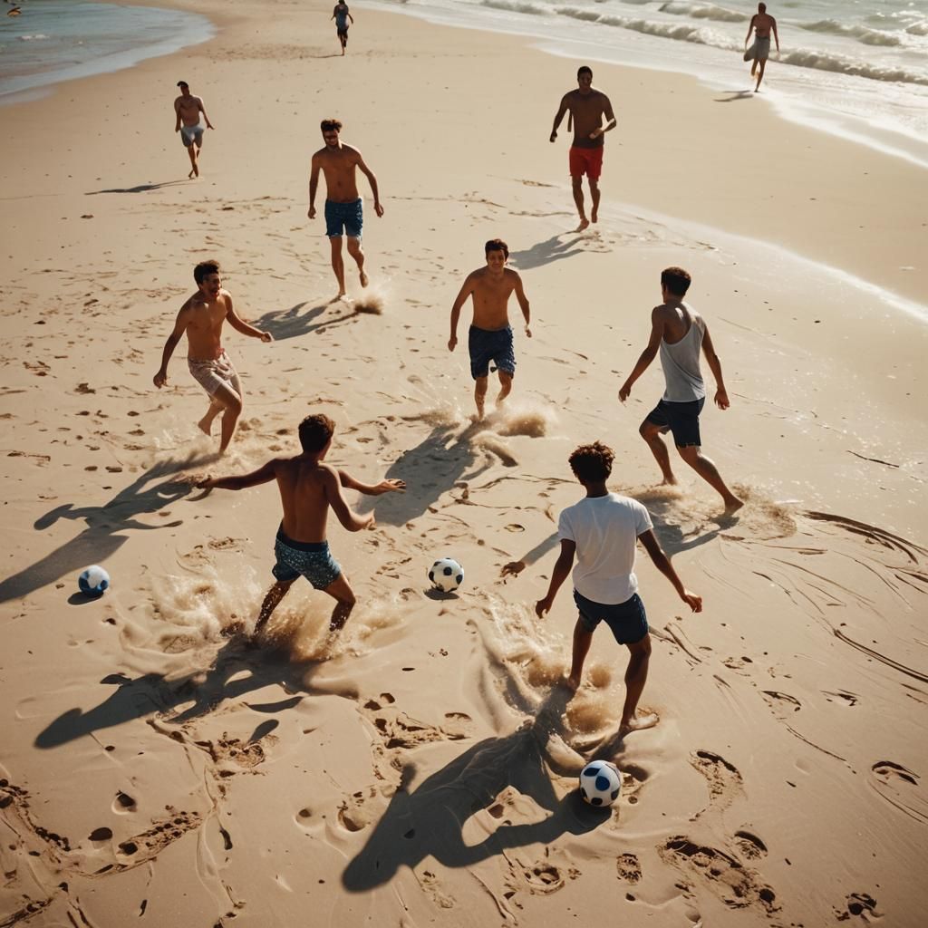 Friends Playing Soccer on Beach in Golden Light