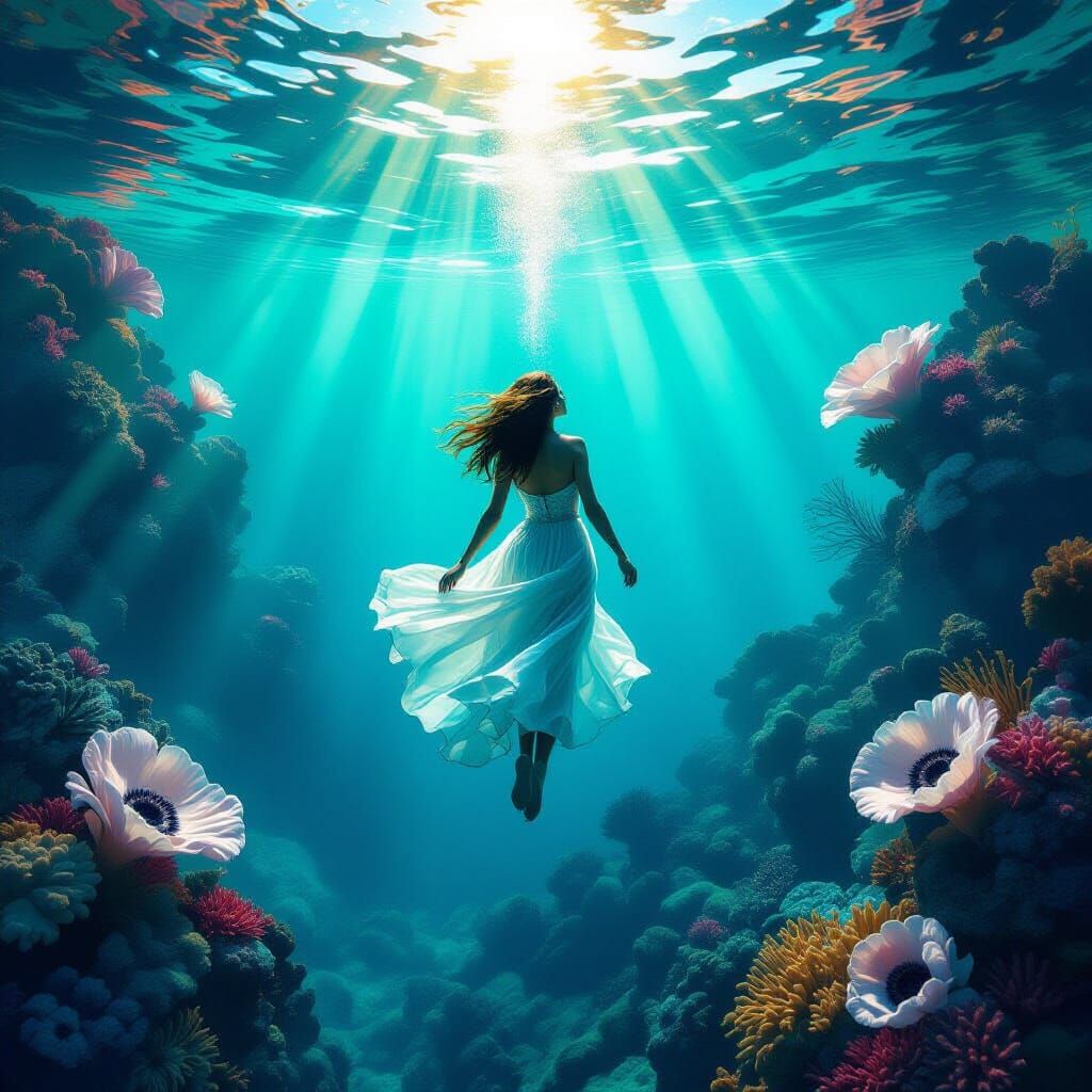 Weightless Dreamer in Vibrant Underwater Dreamscape
