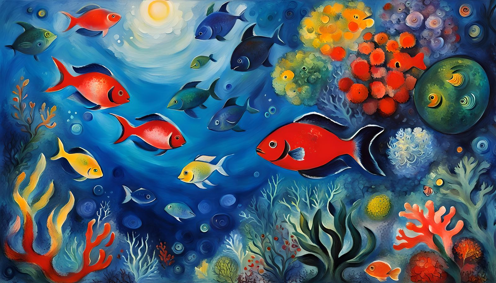Coral Reef Depths in Chagall Oil Painting Style