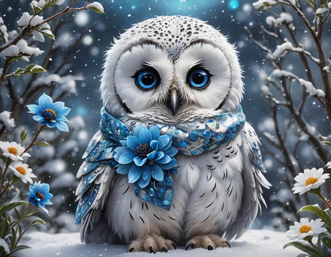 Adorable Snowy Owl Snuggled in Winter Garden