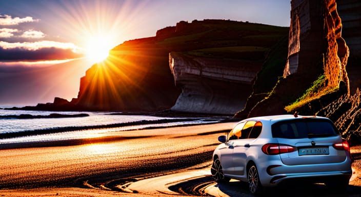 Fiat Tipo on Beach at Sunrise: 3D Shading