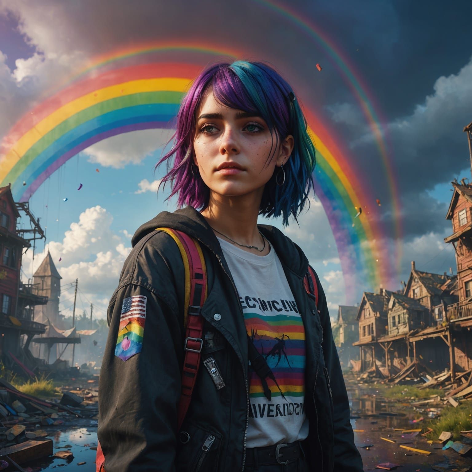 Emo Girl Under Corrupted Rainbow: Detailed Matte Painting