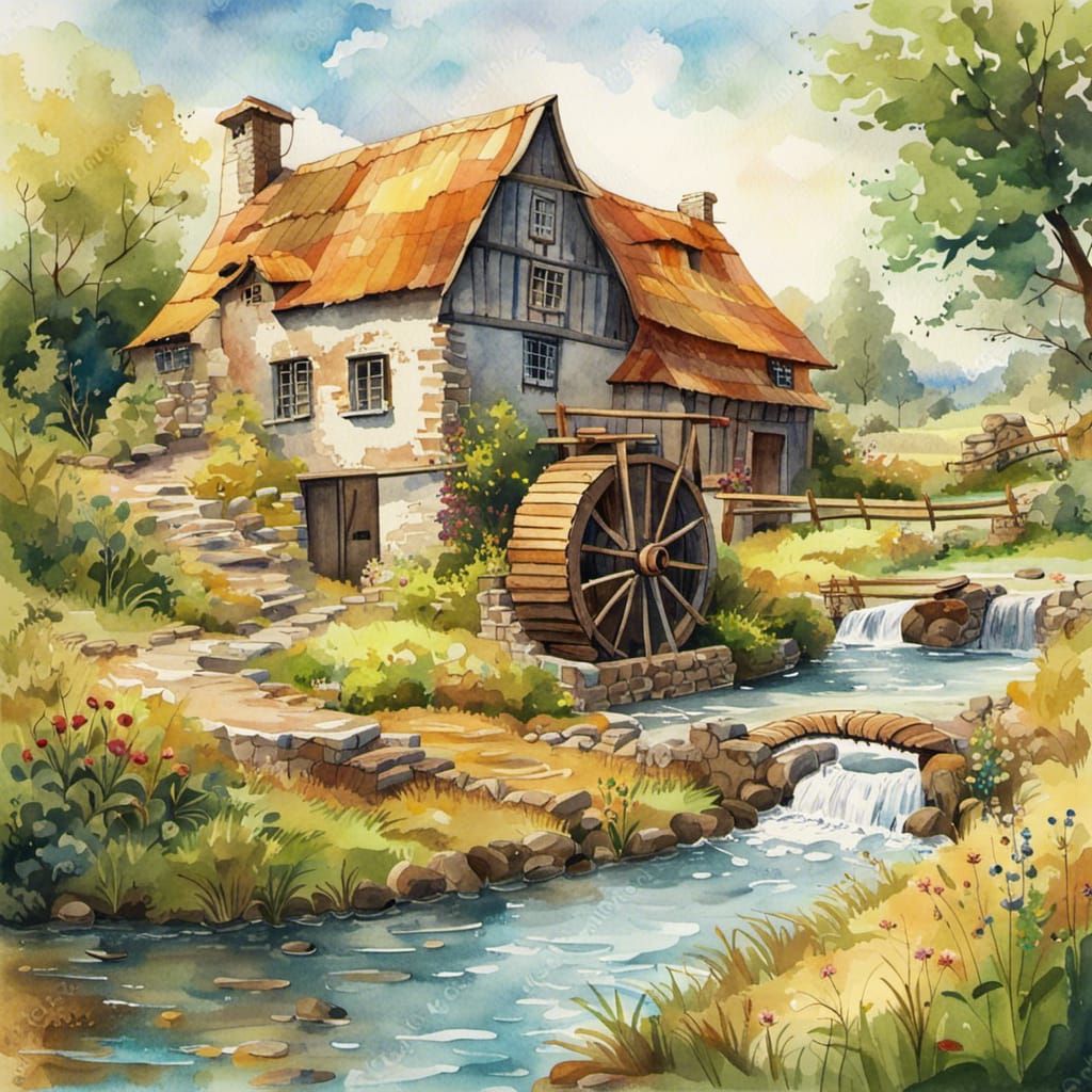 Watercolor Farmhouse with Waterwheel on Sunny Day