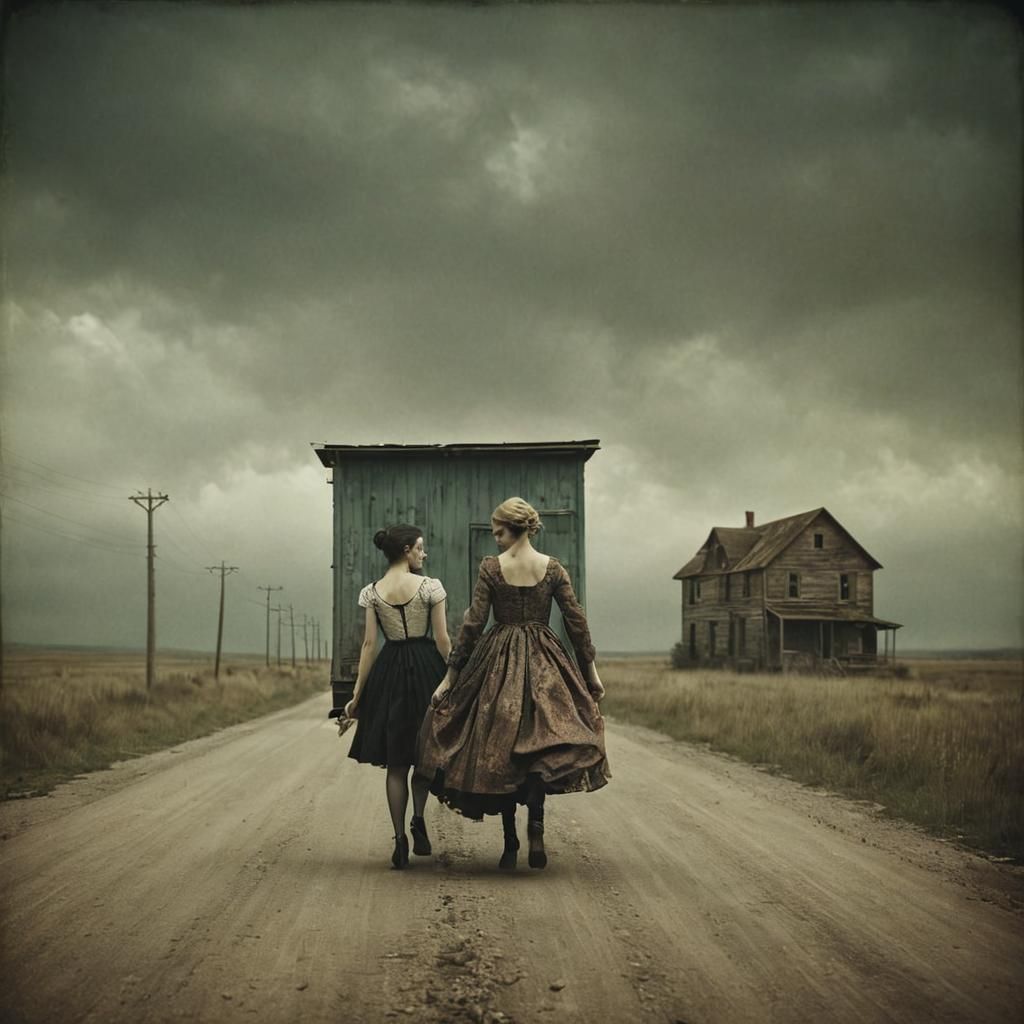 Girl Fleeing House in Ethereal Artistic Style