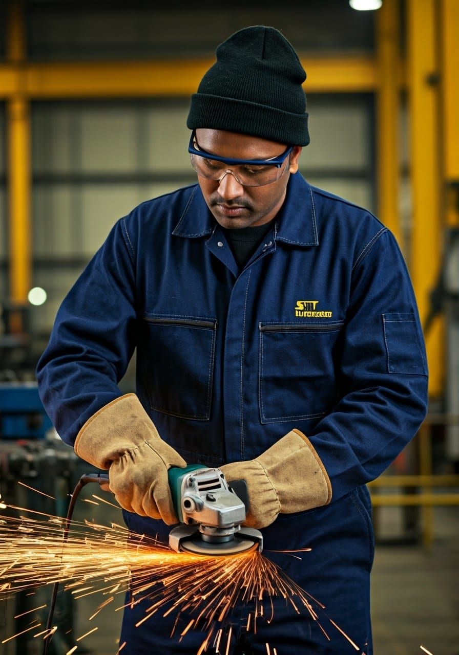 Skilled Industrial Worker in Navy Denim Coverall Captured in...
