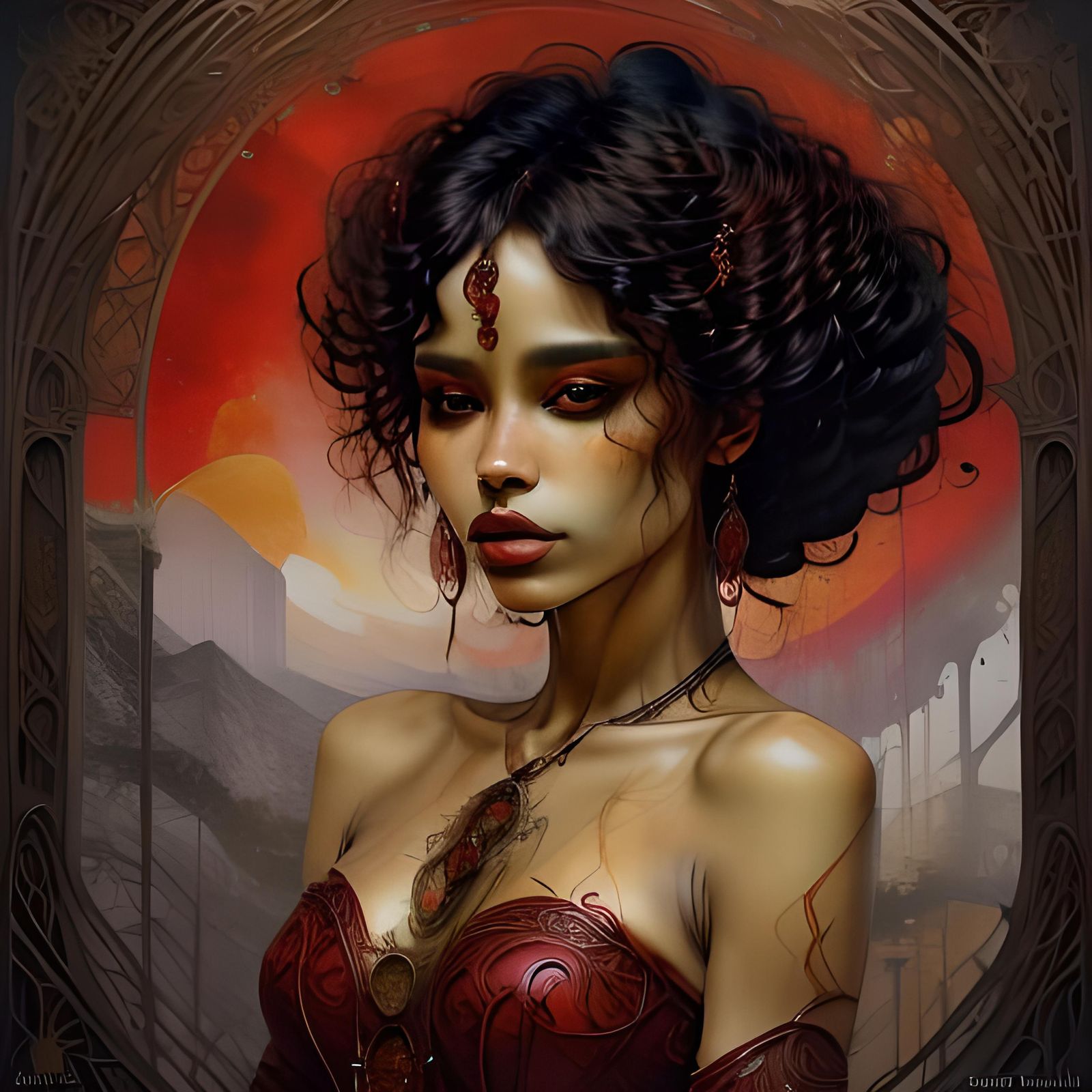 Majestic Woman in Opulent Hall with Crimson Details