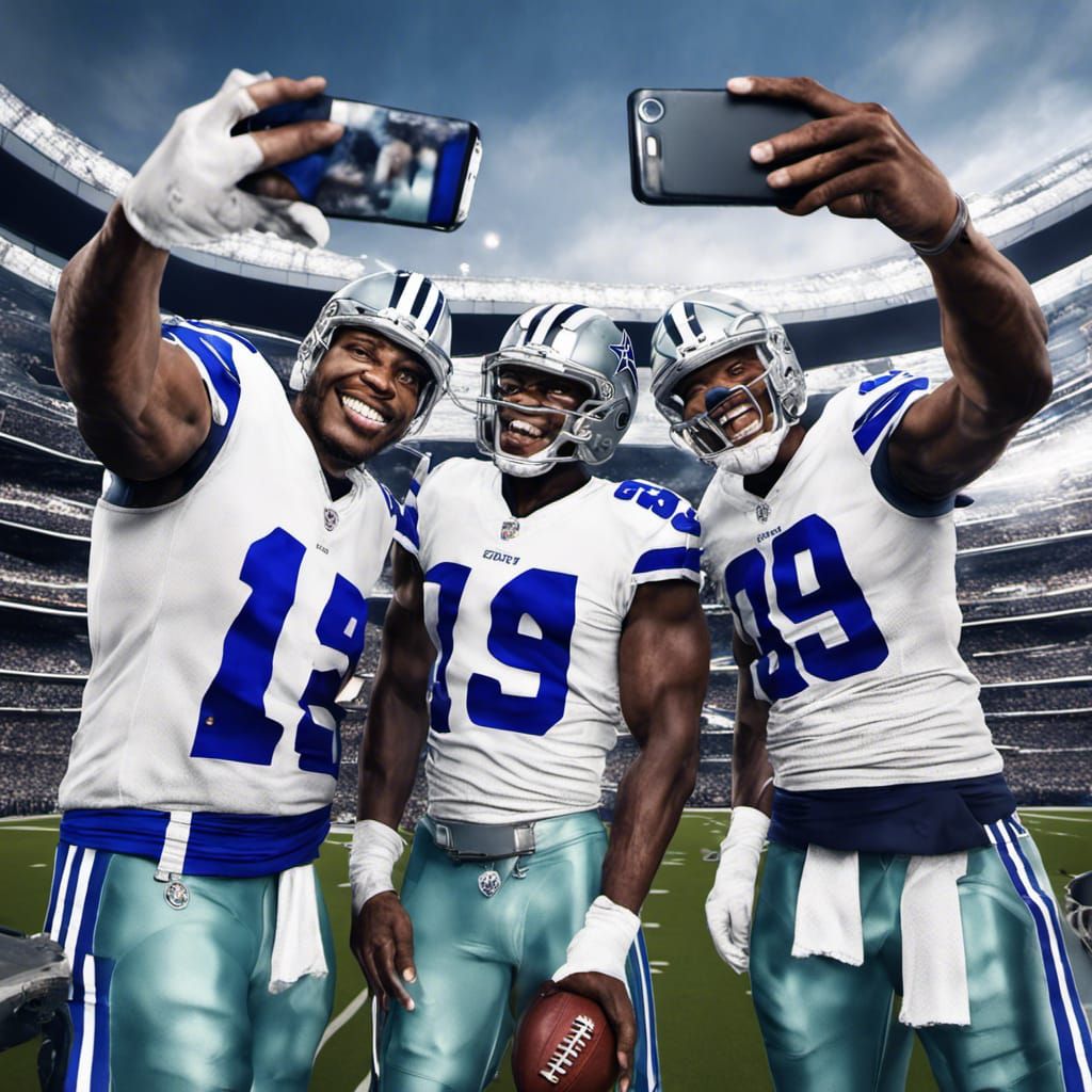 three Dallas Cowboys NFL players taking a selfie at the Super Bowl