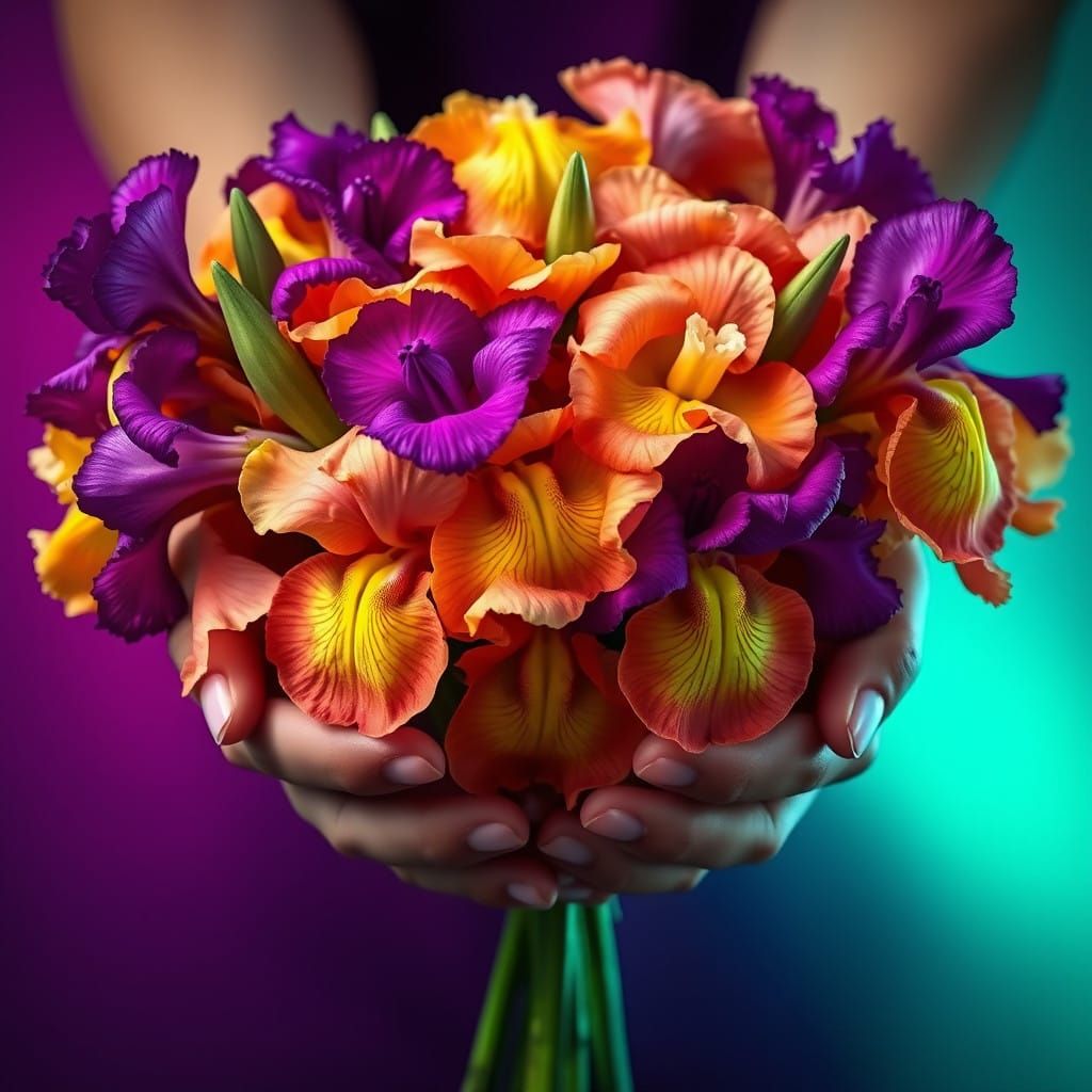 Hyperrealistic Bouquet of Vibrant Irises in Majestic Hands