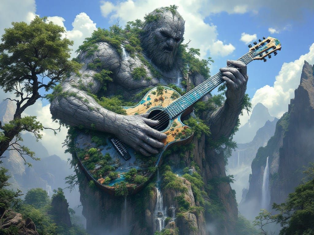 Giant Guitarist in Fantasy Wonderland: 8k Digital Art