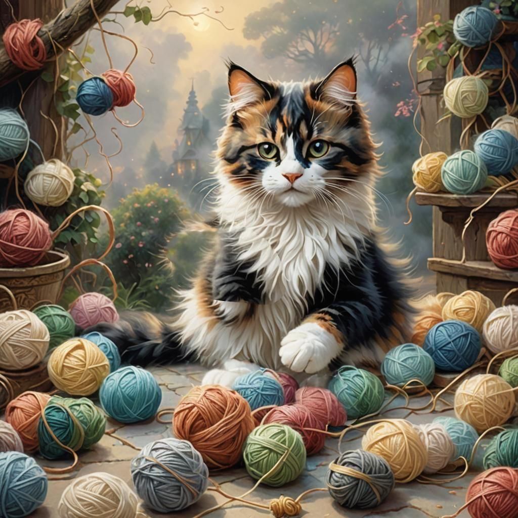 Calico Cat's Yarn Play: Ethereal Fantasy Art