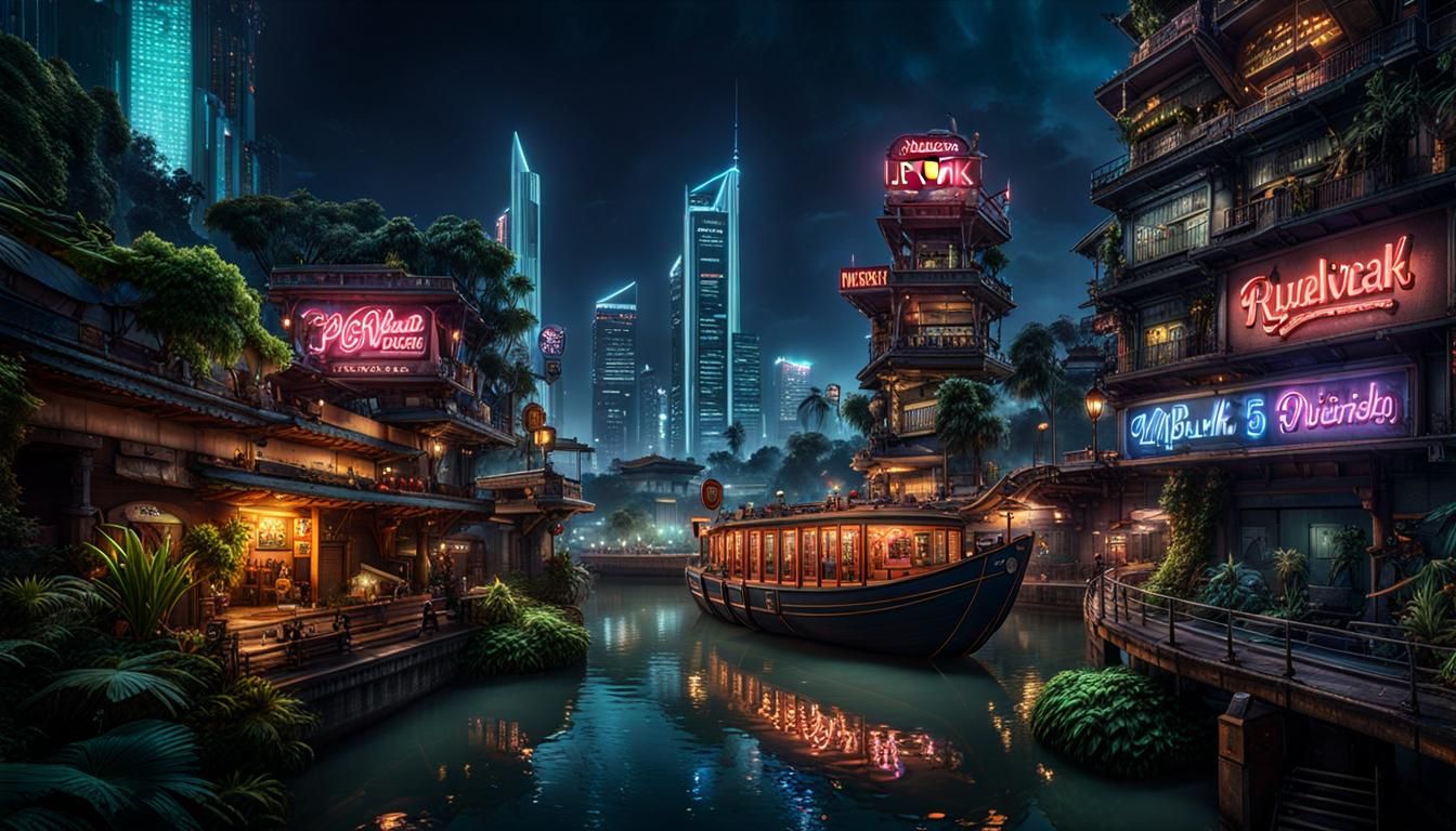 Biopunk Riverside Night Scene in Jakarta