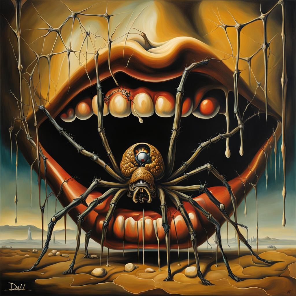 Surreal Mouth with Spiders: Dali-esque Oil Painting