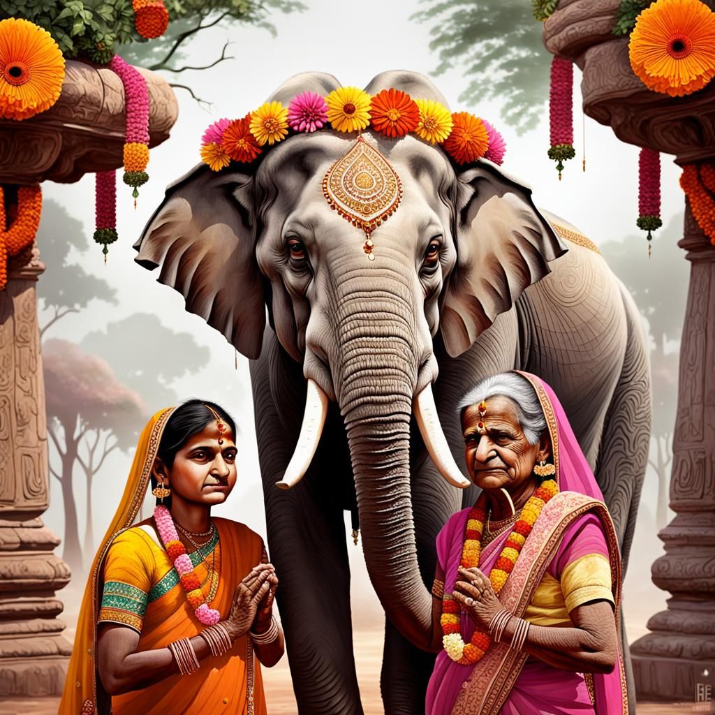 Indian Elephant Family Celebration with Garlands