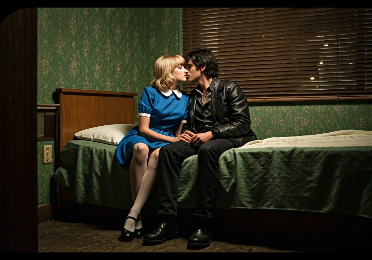 Romantic Motel Room Scene in 1960s Film Noir Style