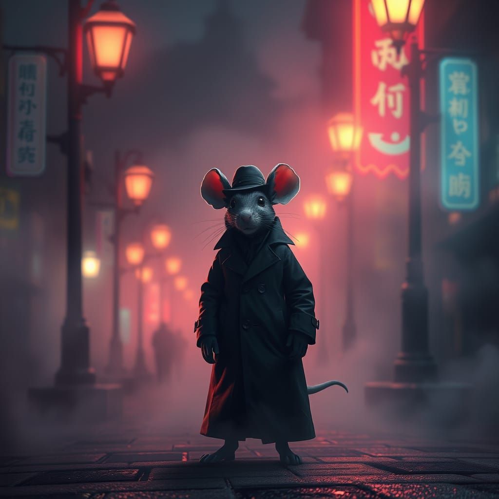Mysterious Mouse Figure in Misty Cityscape