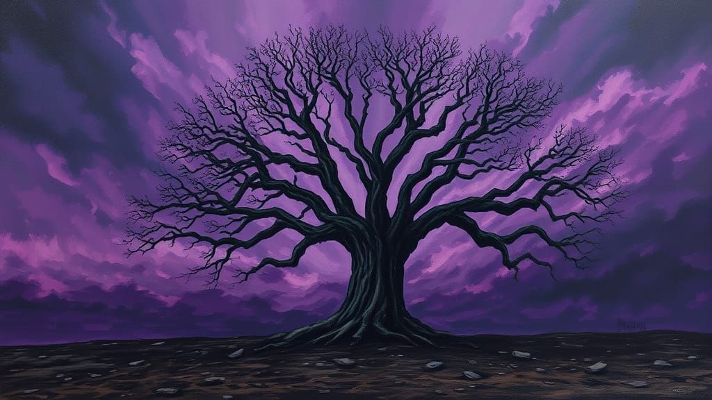 Ancient Oak Against Stormy Sky: Expressionist Impasto Painti...