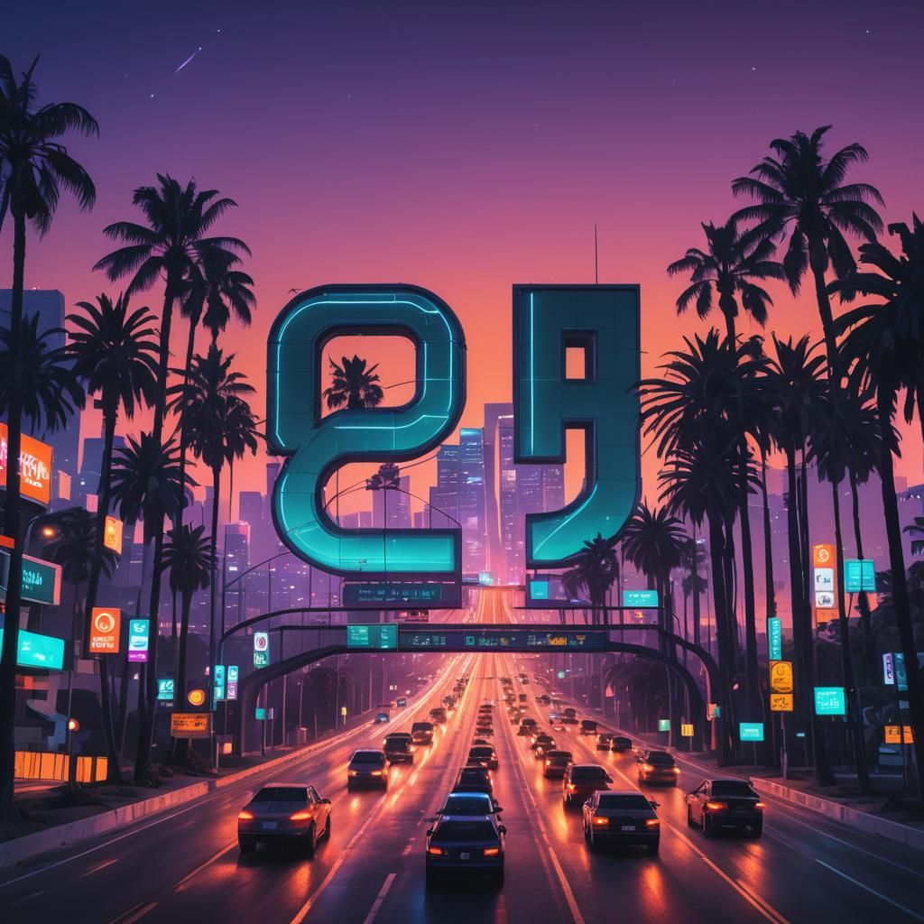 Futuristic Los Angeles Highway Sign in Neon Glow