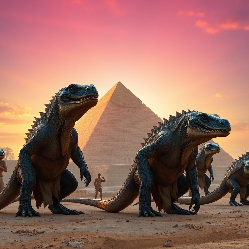 Ancient Egyptian Reptilian Laborers Constructing Pyramids in...