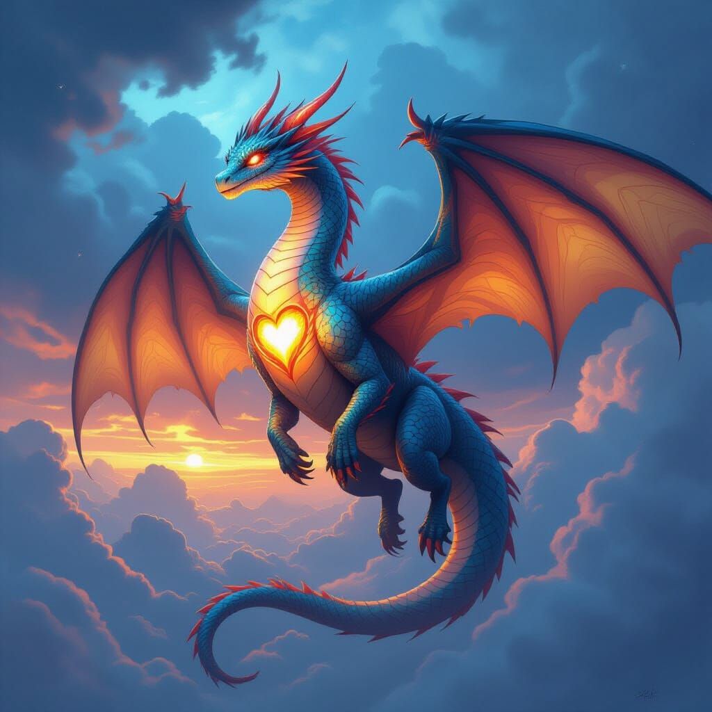 Iridescent Skydragon with Glowing Heart in Stormy Sky