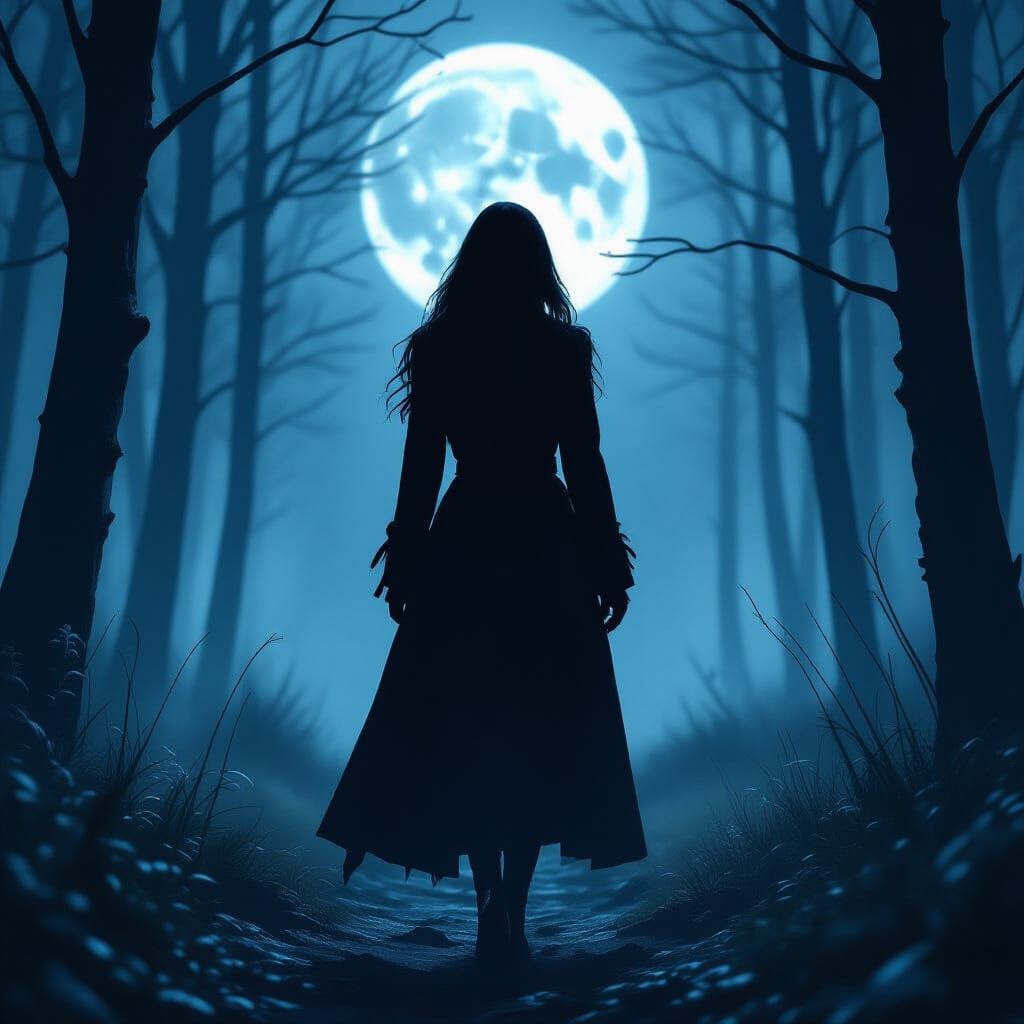 Moonlit Woman with Dark Side in Gothic Forest