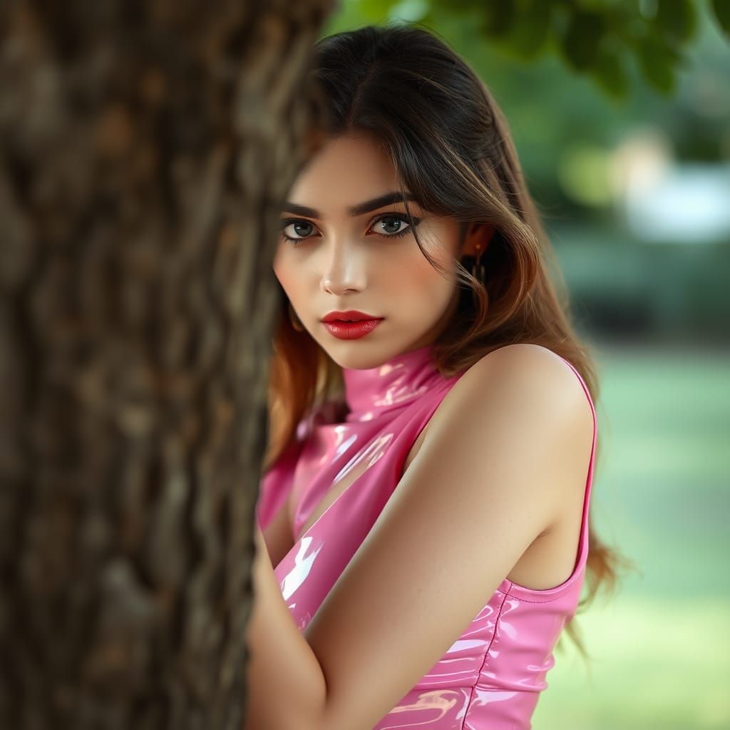 Woman in Pink Latex Dress Hiding Behind Tree