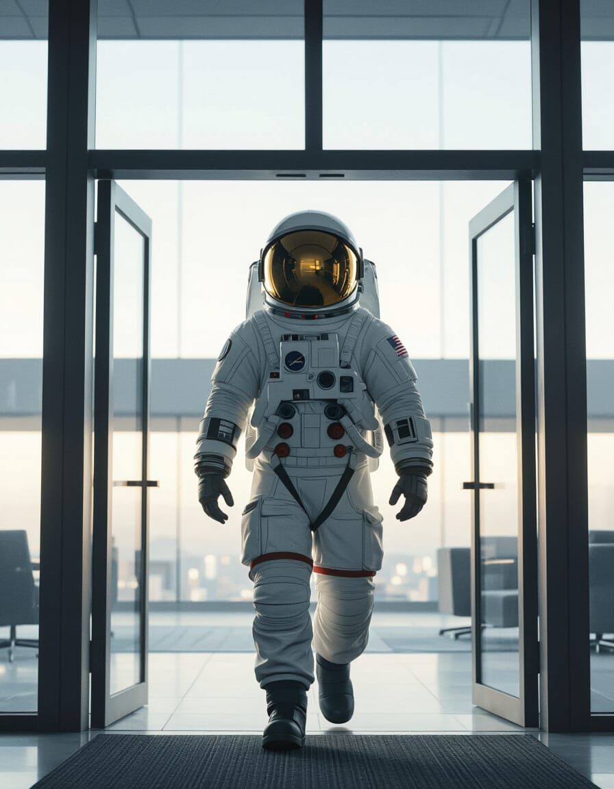 Astronaut Businessman Enters Office in Comedic Pixar Style