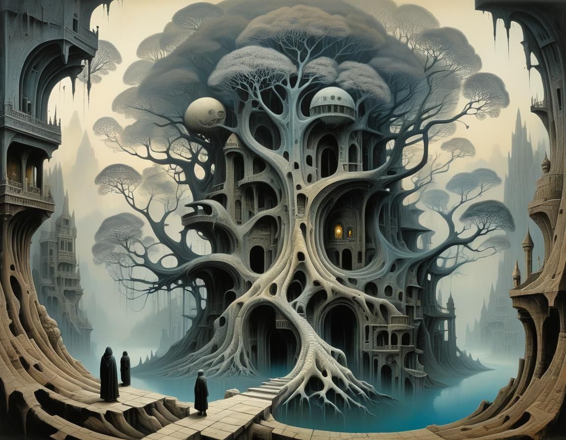Surreal Tree Architecture at Sunset in Surrealist Style