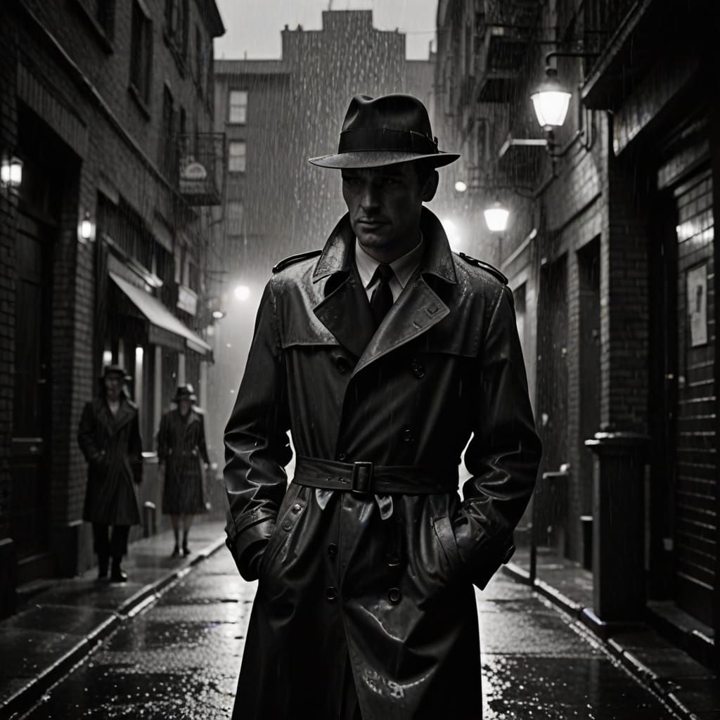 Film Noir Detective Protecting Woman in Rainy Street
