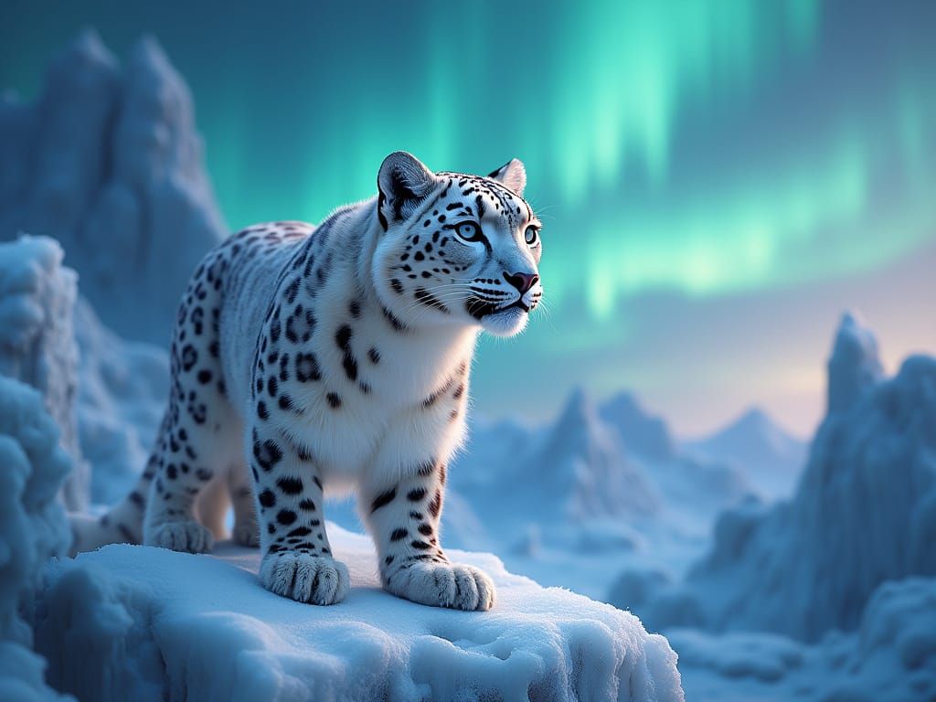 Snow Leopard Amidst Aurora in Whimsical Realism