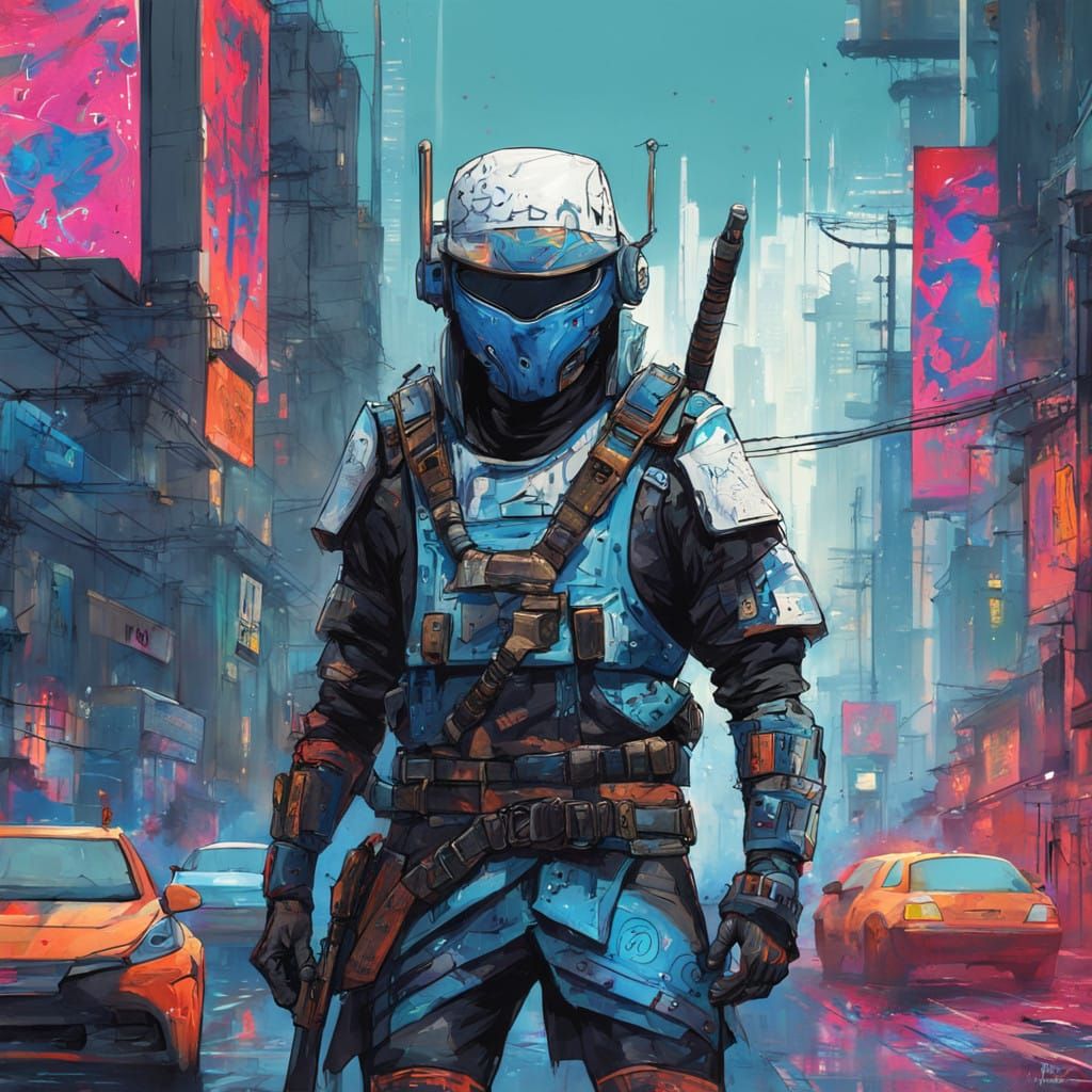 Cyberpunk Ninja in Neon Samurai Armor
