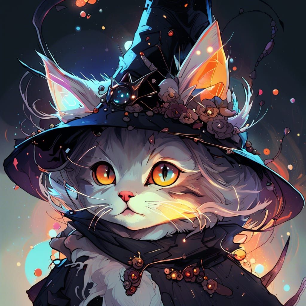 Adorable Witch Kitten in Anime Space, Digital Art