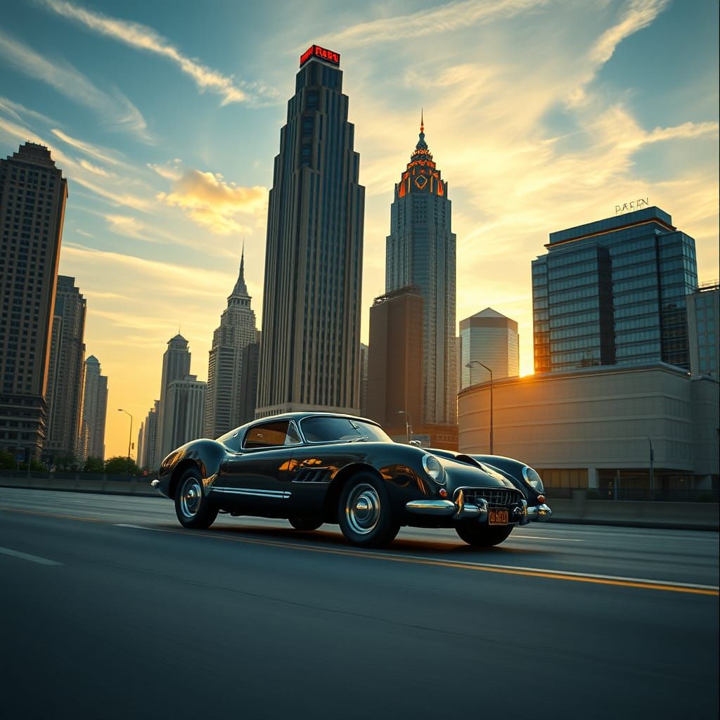 Art Deco Cityscape at Twilight: Cinematic Film Still