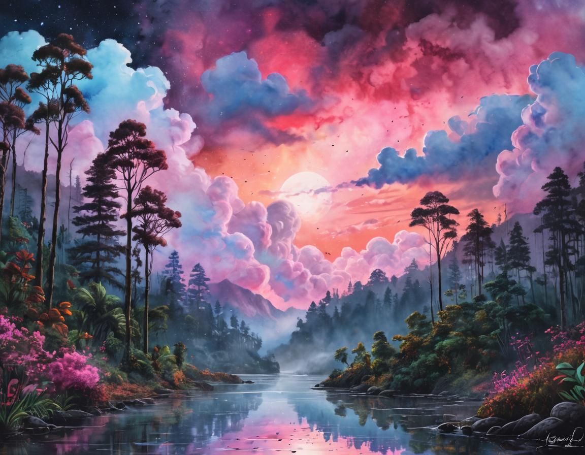 Rainforest Sunset: Watercolor and Metallic Ink Art