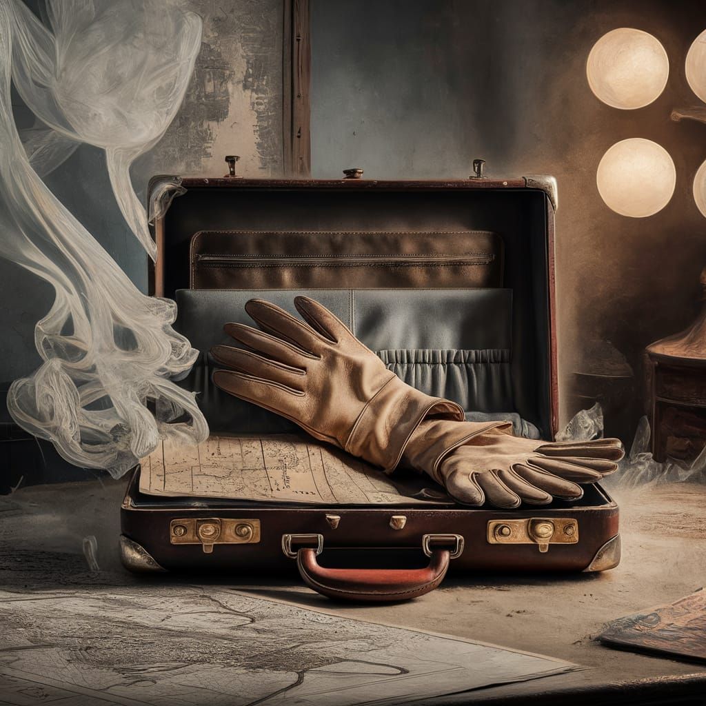 Vintage Briefcase with Gloves and Map in Dusty Studio