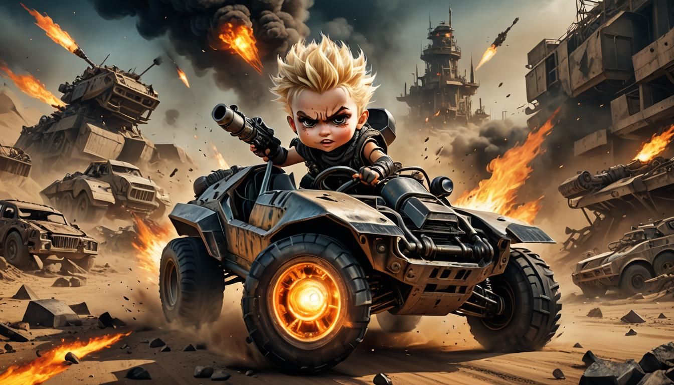 Mad Max Chibi Races Flaming Rocket Tank