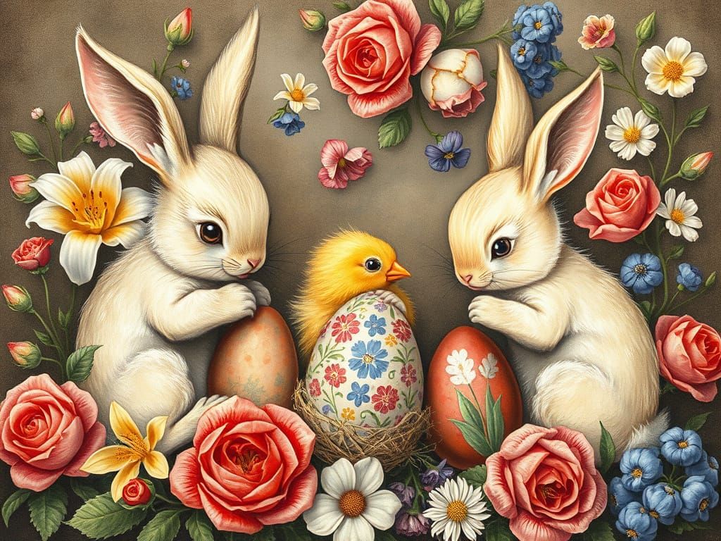 Bunnies Painting Easter Eggs in Renaissance Style